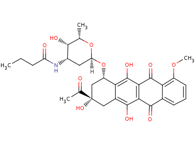 N-[6-[(3-乙?；?3,5,12-三羥基-10-甲氧基-6,11-二氧代-2,4-二氫-1H-并四苯-1-基)氧基]-3-羥基-2-甲基四氫吡喃-4-基]丁酰胺結(jié)構(gòu)式,38942-41-5結(jié)構(gòu)式