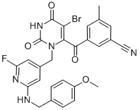 3-[[5-溴-3-[[2-氟-6-[[(4-甲氧基苯基)甲基]氨基]-4-吡啶]甲基]-1,2,3,6-四氫-2,6-二氧-4-嘧啶]羰基]-5-甲基苯甲腈結(jié)構(gòu)式_1006302-46-0結(jié)構(gòu)式