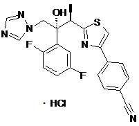 4-[2-[(1R,2R)-2-(2,5-二氟苯基)-2-羥基-1-甲基-3-(1H-1,2,4-三唑-1-基)丙基]-4-噻唑基]芐腈鹽酸鹽結(jié)構(gòu)式_1121545-23-0結(jié)構(gòu)式