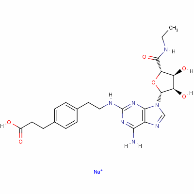 3-[4-[2-[[6-氨基-9-[(2R,3R,4S,5S)-5-(乙基氨基甲酰)-3,4-二羥基四氫呋喃-2-基]嘌呤-2-基]氨基]乙基]苯基]丙酸鈉結(jié)構(gòu)式_120225-64-1結(jié)構(gòu)式