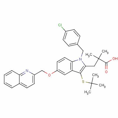 1-[(4-氯苯基)甲基]-3-[(1,1-二甲基乙基)硫代]-α,α-二甲基-5-(2-喹啉甲氧基)-1H-吲哚-2-丙酸結(jié)構(gòu)式_136668-42-3結(jié)構(gòu)式