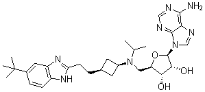 9-[5-脫氧-5-[[順式-3-[2-[6-(1,1-二甲基乙基)-1H-苯并咪唑-2-基]乙基]環(huán)丁基](1-甲基乙基)氨基]-β-D-呋喃核糖]-9H-嘌呤-6-胺結(jié)構(gòu)式_1380288-87-8結(jié)構(gòu)式