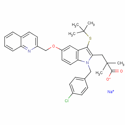 1-[(4-氯苯基)甲基]-3-[(1,1-二甲基乙基)硫代]-α,α-二甲基-5-(2-喹啉甲氧基)-1H-吲哚-2-丙酸鈉結(jié)構(gòu)式_147030-01-1結(jié)構(gòu)式