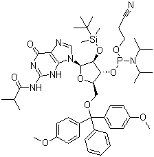 5-O-(4,4-二甲氧基三苯甲基)-2-O-[(叔丁基)二甲基硅基]-N-異丁?；B苷-3-(2-氰基乙基-N,N-二異丙基)亞磷酰胺結(jié)構(gòu)式_147201-04-5結(jié)構(gòu)式