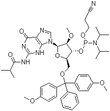 5-O-(4,4-二甲氧基三苯甲基)-2-O-甲基-N-異丁?；B苷-3-(2-氰基乙基-N,N-二異丙基)亞磷酰胺結(jié)構(gòu)式_150780-67-9結(jié)構(gòu)式