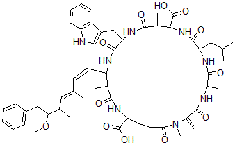 15-(1H-吲哚-3-基甲基)-18-[(1Z,3E)-6-甲氧基-3,5-二甲基-7-苯基庚-1,3-二烯基]-1,5,12,19-四甲基-2-亞甲基-8-(2-甲基丙基)-3,6,9,13,16,20,25-七氧代-1,4,7,10,14,17,21-七氮雜環(huán)二十五烷-11,22-二甲酸結(jié)構(gòu)式_157622-02-1結(jié)構(gòu)式