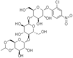 O-4，6-O-乙叉-ａ-D-吡喃葡萄糖基(1→4)-O-ａ-D-吡喃葡萄糖基-(1→4)-ａ-D-吡喃葡萄2-氯-4-硝基苯基苷結構式_199603-68-4結構式