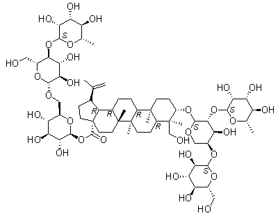 3-O-b-D-葡萄糖( 1→4)-[ a -L-鼠李糖(1→2)]- a-L-阿拉伯糖 23-羥基羽扇豆20(29)-烯-28–酸- 28-O-鼠李糖(1→4)葡萄糖(1→6)葡萄糖苷結構式_366814-43-9結構式