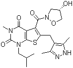 (S)-6-[(3,5-二甲基-1H-吡唑-4-基)甲基]-5-[(4-羥基異噁唑啉-2-基)羰基]-1-異丁基-3-甲基噻吩并[2,3-d]嘧啶-2,4(1h,3h)-二酮結(jié)構(gòu)式_496791-37-8結(jié)構(gòu)式