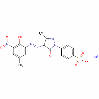 p-[4,5-二氫-4-[(2-羥基-5-甲基-3-硝基苯基)氮雜]-3-甲基-5-氧代-1H-吡唑-1-基]苯磺酸鈉結(jié)構(gòu)式_61931-83-7結(jié)構(gòu)式