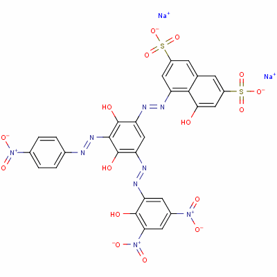 4-[[2,4-二羥基-5-[(2-羥基-3,5-二硝基苯基)偶氮]3-[(4-硝基苯基)偶氮]苯基]偶氮]-5-羥基-2,7-萘二磺酸二鈉鹽結(jié)構(gòu)式_6637-87-2結(jié)構(gòu)式