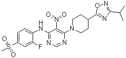 (2-Fluoro-4-methanesulfonyl-phenyl)-{6-[4-(3-isopropyl-[1,2,4]oxadiazol-5-yl)-piperidin-1-yl]-5-nitropyrimidin-4-yl}-amine Structure,733750-99-7Structure