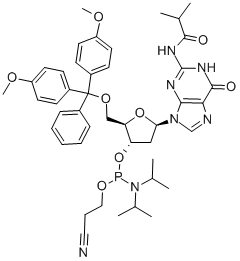 5-O-(4,4-二甲氧基三苯甲基)-N-異丁?；?2-脫氧鳥苷-3-(2-氰基乙基-N,N-二異丙基)亞磷酰胺結(jié)構(gòu)式_93183-15-4結(jié)構(gòu)式