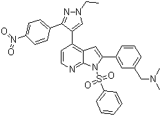 1-(3-(4-(1-乙基-3-(4-硝基苯基)-1H-吡唑-4-基)-1-(苯基磺?；?-1H-吡咯并[2,3-b]吡啶-2-基)苯基)-N,N-二甲基甲胺結(jié)構(gòu)式_942920-68-5結(jié)構(gòu)式