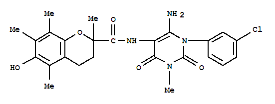  n-[6-氨基-1-(3-氯苯基)-1,2,3,4-四氫-3-甲基-2,4-二氧代-5-嘧啶]-3,4-二氫-6-羥基-2,5,7,8-2H-1-苯并吡喃-2-羧酰胺結(jié)構(gòu)式_204980-85-8結(jié)構(gòu)式