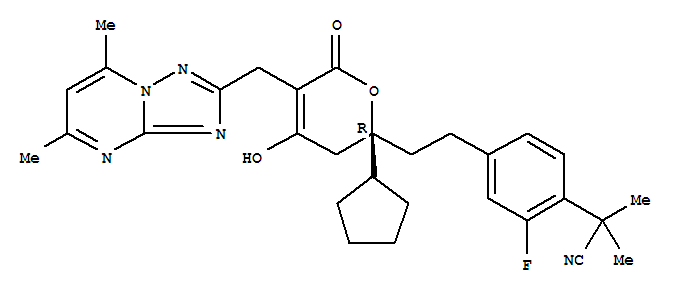 4-[2-[(2R)-2-環(huán)戊基-5-[(5,7-二甲基[1,2,4]噻唑并[1,5-a]嘧啶)甲基]-3,6-二氫-4-羥基-6-氧代-2H-吡喃]乙基]-2-氟-α,α-二甲基苯乙腈結(jié)構(gòu)式_877225-09-7結(jié)構(gòu)式