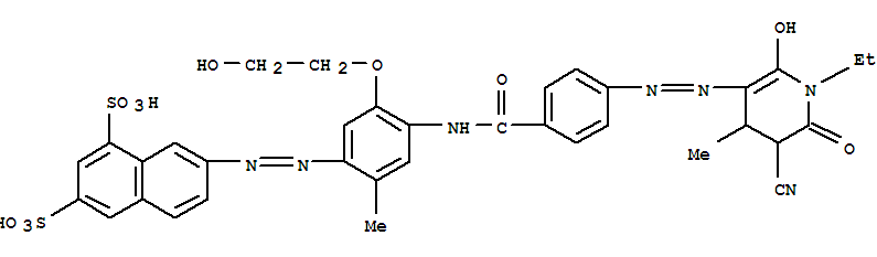 7-[[4-[[4-[(5-氰基-1-乙基-1,4,5,6-四氫-2-羥基-4-甲基-6-氧代-3-吡啶)氮雜]苯甲?；鵠氨基]-5-(2-羥基乙氧基)-2-1,3-萘二磺酸結(jié)構(gòu)式_884304-25-0結(jié)構(gòu)式