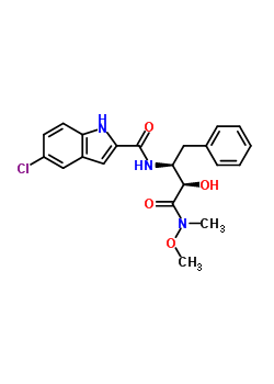 5-氯-N-{(2S,3R)-3-羥基-4-[甲氧基(甲基)氨基]-4-氧代-1-苯基-2-丁烷基}-1H-吲哚-2-甲酰胺結(jié)構(gòu)式_186392-43-8結(jié)構(gòu)式