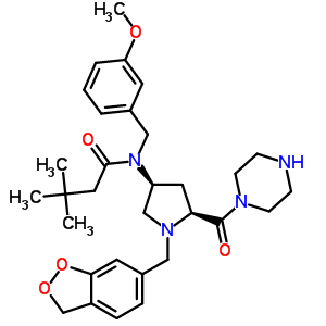 N-[(3S,5S)-1-(1,3-苯并二氧戊環(huán)-5-甲基)-5-(1-哌嗪基羰基)-3-吡咯烷基]-N-[(3-甲氧基苯基)甲基]-3,3-二甲基-丁酰胺結(jié)構(gòu)式_334998-36-6結(jié)構(gòu)式