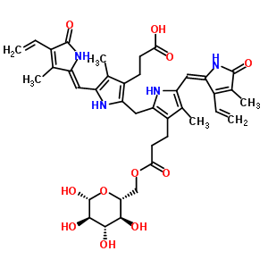 3-[5-[(Z)-(4-乙烯基-3-甲基-5-氧代吡咯-2-亞基)甲基]-2-[[5-[(E)-(3-乙烯基-4-甲基-5-氧代吡咯-2-亞基)甲基]-4-甲基-3-[3-氧代-3-[[(2R,3S,4S,5R,6R)-3,4,5,6-四羥基四氫吡喃-2-基]甲氧基]丙基]-1H-吡咯-2-基]甲基]結(jié)構(gòu)式_36570-68-0結(jié)構(gòu)式