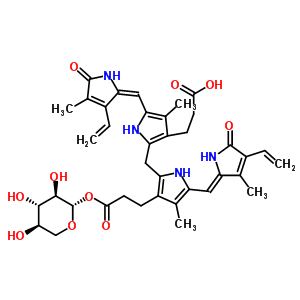 3-[5-[(E)-(3-乙烯基-4-甲基-5-氧代吡咯-2-亞基)甲基]-2-[[5-[(Z)-(4-乙烯基-3-甲基-5-氧代吡咯-2-亞基)甲基]-4-甲基-3-[3-氧代-3-[(2S,3R,4S,5R)-3,4,5-三羥基四氫吡喃-2-基]氧基丙基]-1H-吡咯-2-基]甲基]-4-甲基-1結(jié)構(gòu)式_36570-69-1結(jié)構(gòu)式